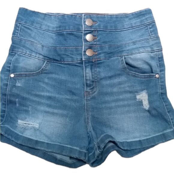 Hi-Waist 3 button Distressed Tinsel Town Shorts  3 Juniors - Picture 1 of 7